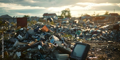 Electronic waste in landfill symbolizing environmental degradation and pollution. Concept Environmental Degradation, Electronic Waste, Landfill Pollution, Waste Management, E-waste Crisis