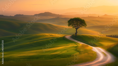 landscape of rolling hills bathed in the golden light of sunrise, with a solitary tree and a winding path leading into the horizon