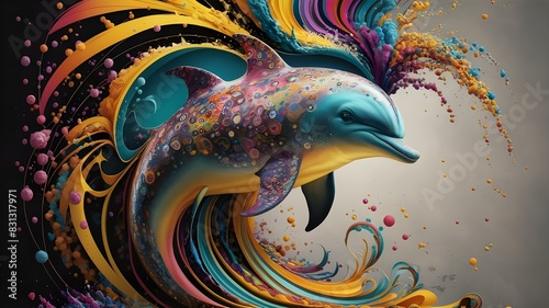 A stunning, surrealistic portrayal of a captivating, vibrant dolphin, displaying an incredible array of colors from rich purples toradiant yellows. Adorned with intricate, abstract patterns that see