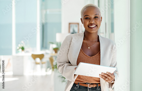 Black woman, smile and portrait with tablet for business, website developer with plan in office. Female coder, ebook and happy with research or review for online app, network project for digital