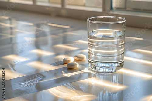 A glass of water sits on a table next to three pills
