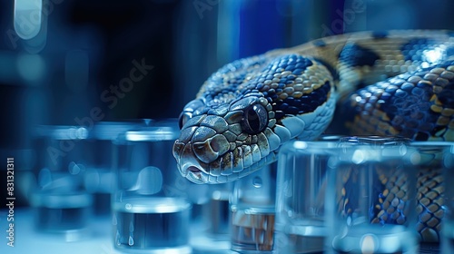 A snake is looking at the camera in front of a bunch of glass cups