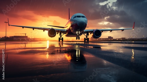 Airplane on the runway at sunset with reflections in the wet asphalt.