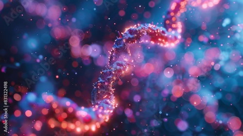 A colorful, glowing DNA strand is shown in a blue and purple background