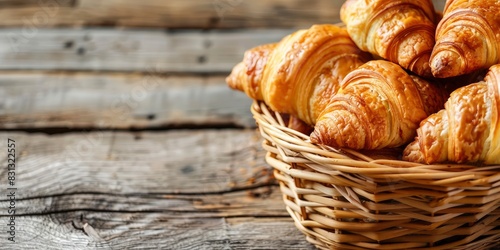 Vintage French croissants in basket on wooden table background