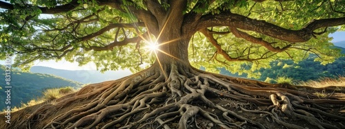 A tree with strong roots and branches reaching towards the sky, symbolizing the potential of youth.