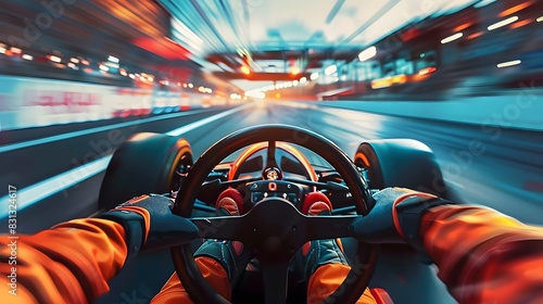 The blur of the background emphasizes the intense speed as the car navigates the track.