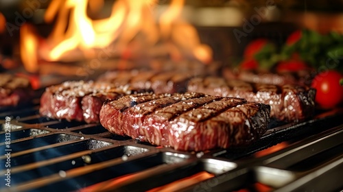 Perfectly Cooked Steak on a Flaming Hot Grill, Juicy and Tender