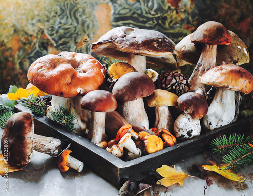 Assortment of fresh fungi on a tray, showcasing an autumn mushroom harvest in a rustic farm style