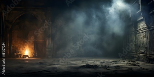 Large dimly lit room with smoke damp walls and rough textures. Concept Haunted House, Abandoned Mansion, Creepy Atmosphere, Dark Desolation, Mysterious Interior
