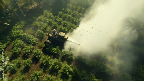 Aerial perspective of a tractor applying spray over fields amidst a picturesque sunset