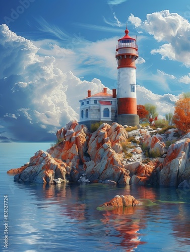 Vibrant Red and White Lighthouse on Rocky Cliff Overlooking Calm Sea During Daytime