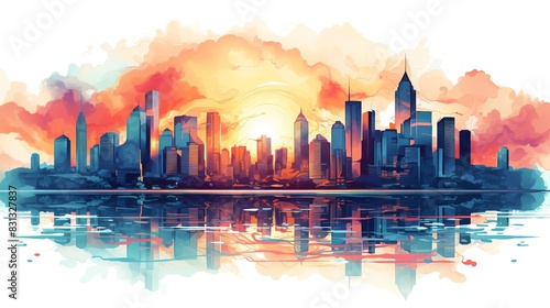 The setting sun casts a warm glow over the city. The buildings are reflected in the water, creating a beautiful scene.