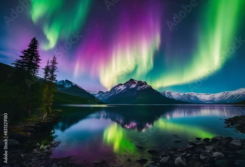 AI generated illustration of Aurora borealis illuminating mountains and lake
