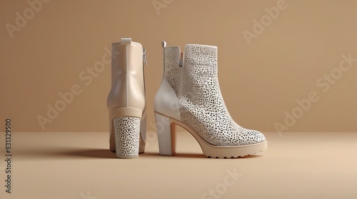 white boot with a stiletto heel is sitting on a beige-colored surface.