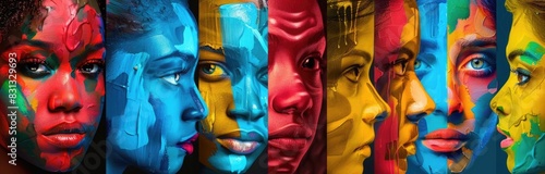 A colorful collage of various people with different skin tones, each person painted in their own vibrant color to showcase diversity and creativity. 