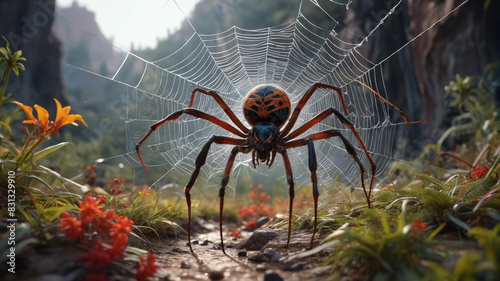 Within the Empire of Arachnids, colossal spiders weave webs of silk that stretch across entire landscapes, ensnaring prey with deadly precision, Generative AI