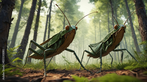 Amidst the Nest of Behemoths, gargantuan grasshoppers leap with thunderous force, their powerful legs propelling them through the dense foliage of the oversized forest, Generative AI