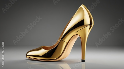  3D rendering of a gold stiletto heel from a side view on a gray background.