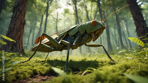 Amidst the Nest of Behemoths, gargantuan grasshoppers leap with thunderous force, their powerful legs propelling them through the dense foliage of the oversized forest, Generative AI