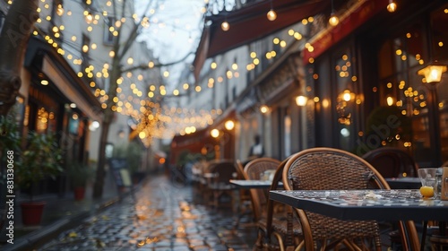 A charming outdoor cafe with wicker chairs and tables set on a cobblestone street under twinkling string lights in Paris during dusk.