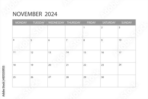 Calendar for November 2024. The week starts on Monday. Glider