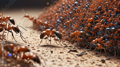 Amidst the Hive of the Ant Queen, diligent workers scurry about, tending to the needs of their bustling colony, Generative AI