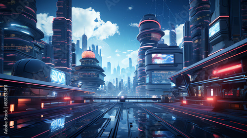 A futuristic city with tall buildings and bright lights. The image is dark, but the lights from the buildings and the reflections on the ground make it easy to see.