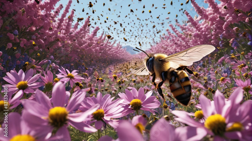 Within the Swarm of the Bee Kingdom, buzzing wings create a symphony as industrious workers gather nectar from colorful blooms, Generative AI
