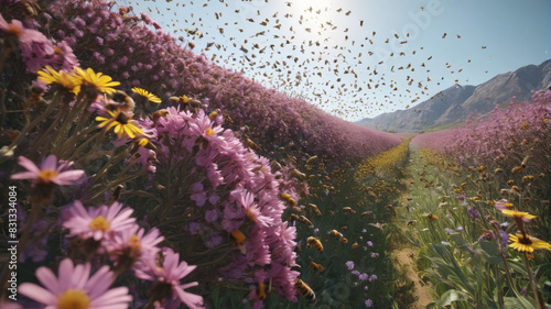 Within the Swarm of the Bee Kingdom, buzzing wings create a symphony as industrious workers gather nectar from colorful blooms, Generative AI