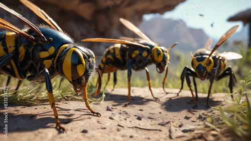 In the Nest of the Wasp Sovereign, fierce warriors stand guard, defending their home with venomous stingers and swift strikes, Generative AI