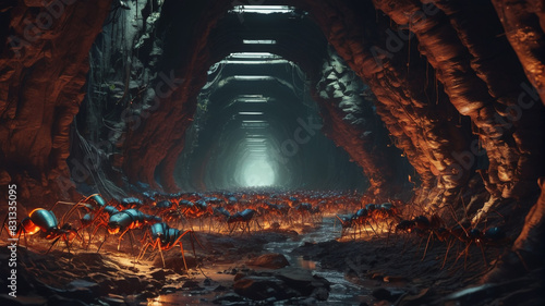 Amidst the Realm of the Massive Ant Queen, towering tunnels stretch into the darkness, where legions of oversized workers scurry in endless industry, Generative AI
