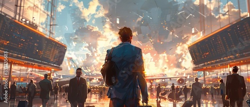 Professional man in a bustling airport, blue suit, digital fantasy art, bright colors, high detail, dynamic and vibrant