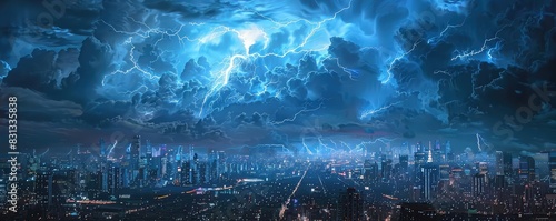 A dramatic thunderstorm over a city skyline at night, with lightning bolts illuminating the dark clouds, high contrast, photorealistic style,