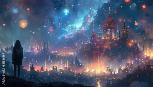 A fantasy festival with glowing orbs and ethereal light displays, characters in elaborate costumes, magical and surreal, vibrant colors, illustration style,