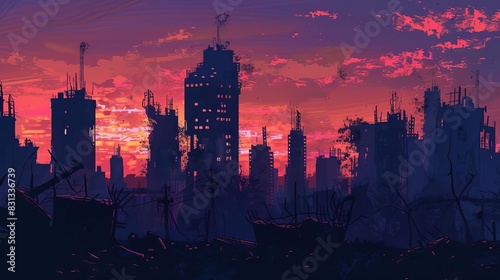 postapocalyptic cityscape silhouette at dusk destroyed buildings wide panoramic view digital painting