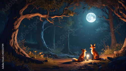 Within the Fox's Den, cunning tales are whispered amidst shadows cast by moonlight, Generative AI