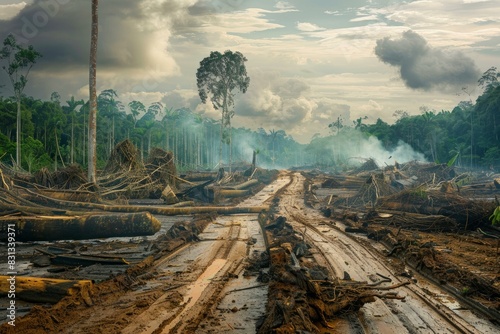 The devastating impact of deforestation on the tropical rainforest landscape and its biodiversity, habitat loss, erosion, and environmental degradation