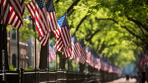 City street adorned with rows of american flags in honor of memorial day celebration