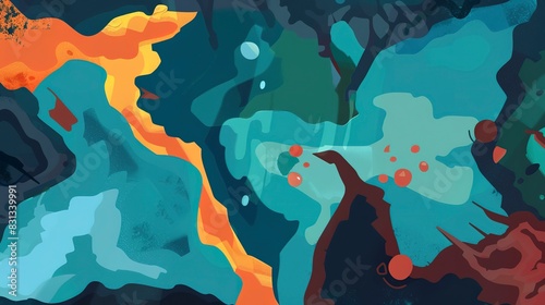 Illustrious underwater volcano duel flat design top view legendary theme water color Tetradic color scheme