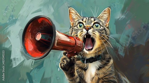 quirky cat with megaphone humorous digital illustration