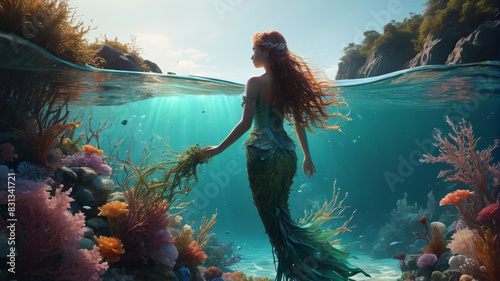 Along the shores of the Crystal Sea, merfolk weave intricate spells with strands of seaweed and pearls, their underwater kingdom a shimmering testament to the beauty of magic, Generative AI