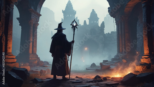 Amidst the misty ruins of an ancient citadel, a lone sorcerer conjures spells of forgotten power, his staff aglow with arcane energy as shadows dance around him, Generative AI