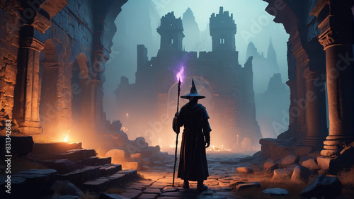 Amidst the misty ruins of an ancient citadel, a lone sorcerer conjures spells of forgotten power, his staff aglow with arcane energy as shadows dance around him, Generative AI