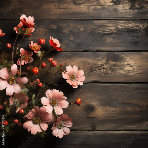 Un magnifique bouquet de fleurs roses et mauves en gros plan, posées sur un vieux bois, incarne la beauté du printemps et de l'été.