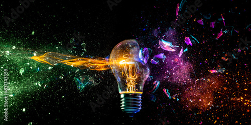 Exploding light bulb concept on dark background