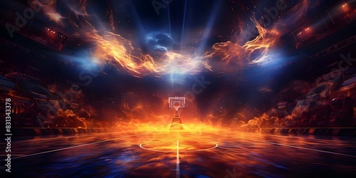 Vibrant graphic art of basketball court during league match with actionpacked colors. Concept Sports, Basketball, Graphic Art, Action-Packed, Vibrant Colors