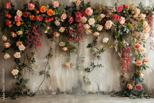 Un magnifique bouquet de fleurs roses et rouges décore un mur en bois rustique. Les plantes fleuries, entourées de feuilles vertes.