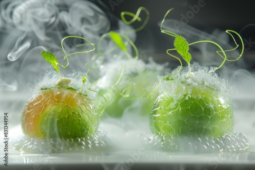 Elegant dish of green molecular spheres with aromatic mist, embodying culinary innovation