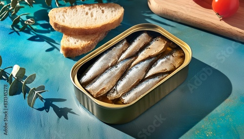 sardines in a can on a table with bread